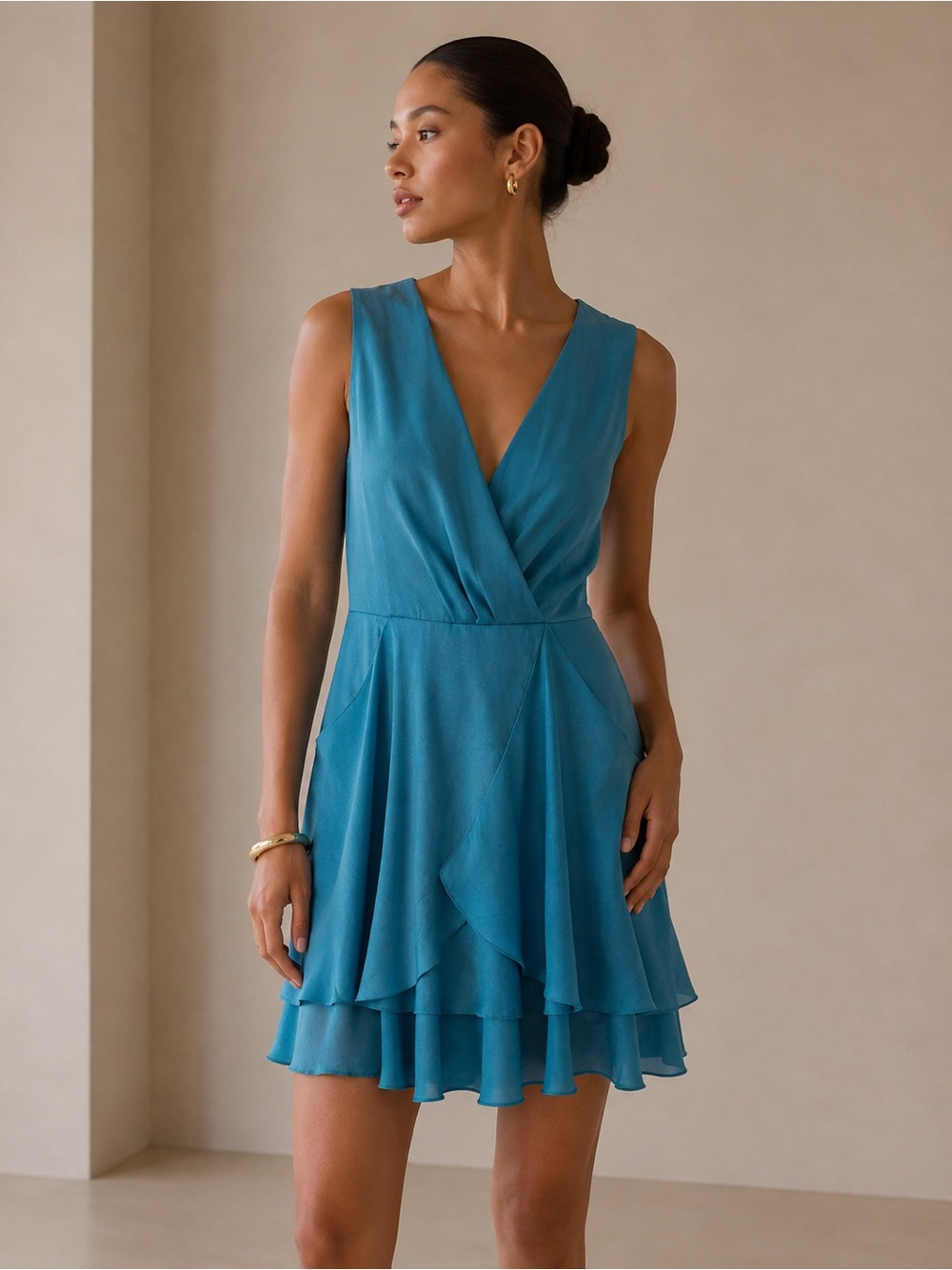 Banana Republic Teal Blue Sleeveless V-Neck Tiered Ruffle Wrap Dress Size 0
